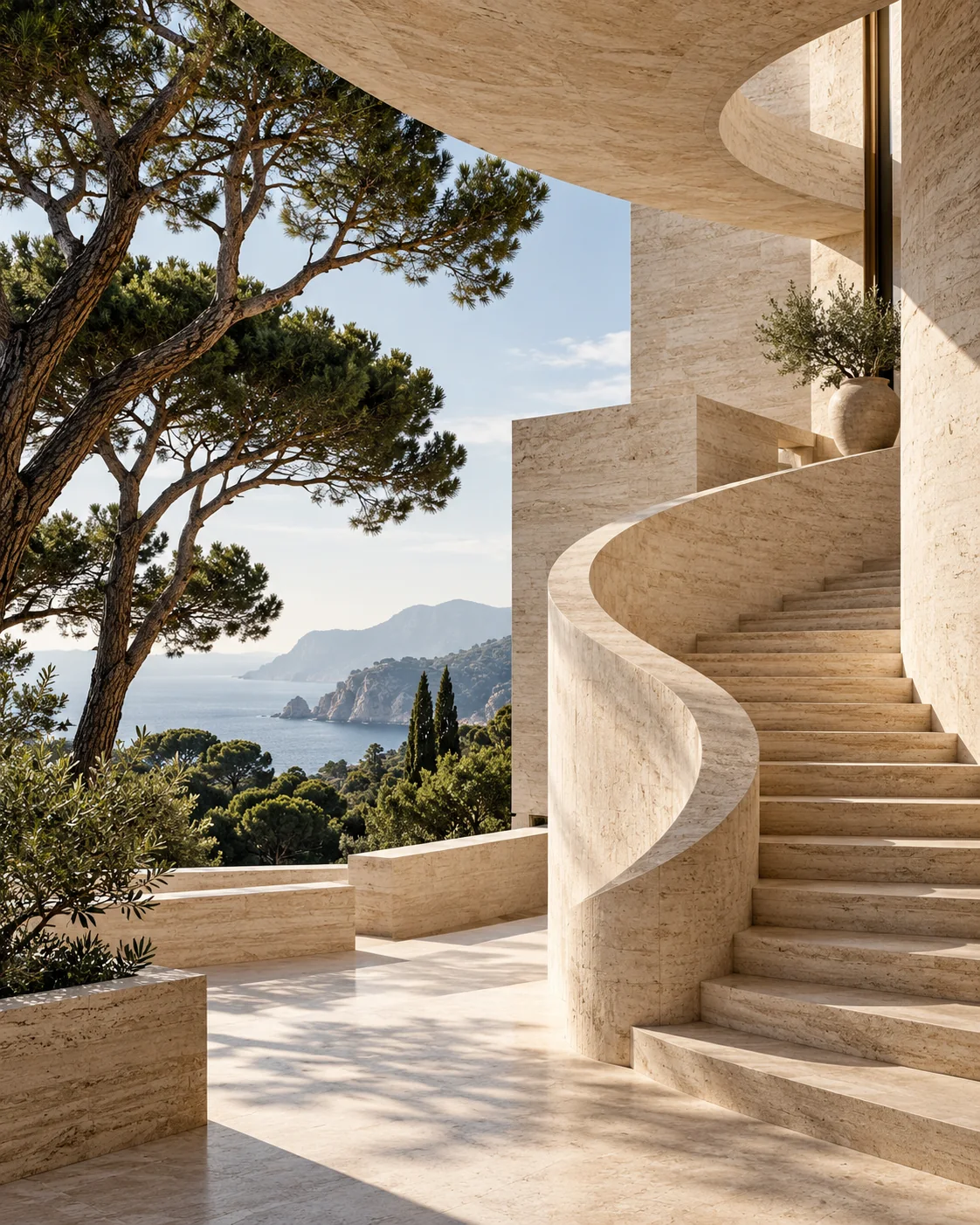 Architecture contemporaine en pierre claire, ouverte sur un horizon méditerranéen